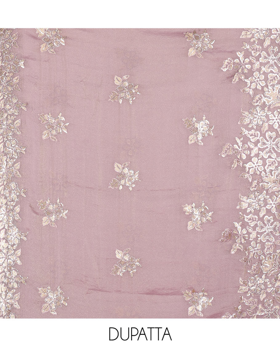 Lavender Material Churidar Set, Artfully Detailed with an Floral Motifs Embroidered on Its Nc Moss Organza Top, Plain Santoon Bottom, and Nc Moss Organza Scallop Dupatta of Floral-Leaf Embroidery