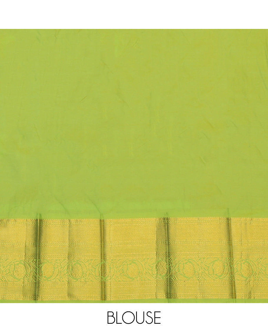 Rust Budget Silk Saree, Enthralled with Zari Buttas and Stripes, a Contrast Traditional Zari Border, Grand Pallu, and a Contrast Blouse