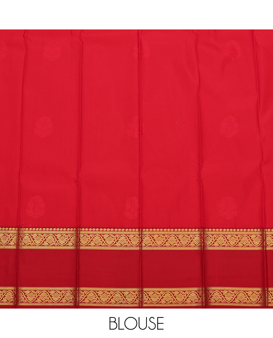 Yellow Budget Silk Saree, Sparsely Sparkled with Zari Buttas All Over Its Body, Complemented by a Contrast Rettai Pettu Floral Creeper Zari Border, Pallu of Jaal Designs, and Paired with a Contrast Blouse