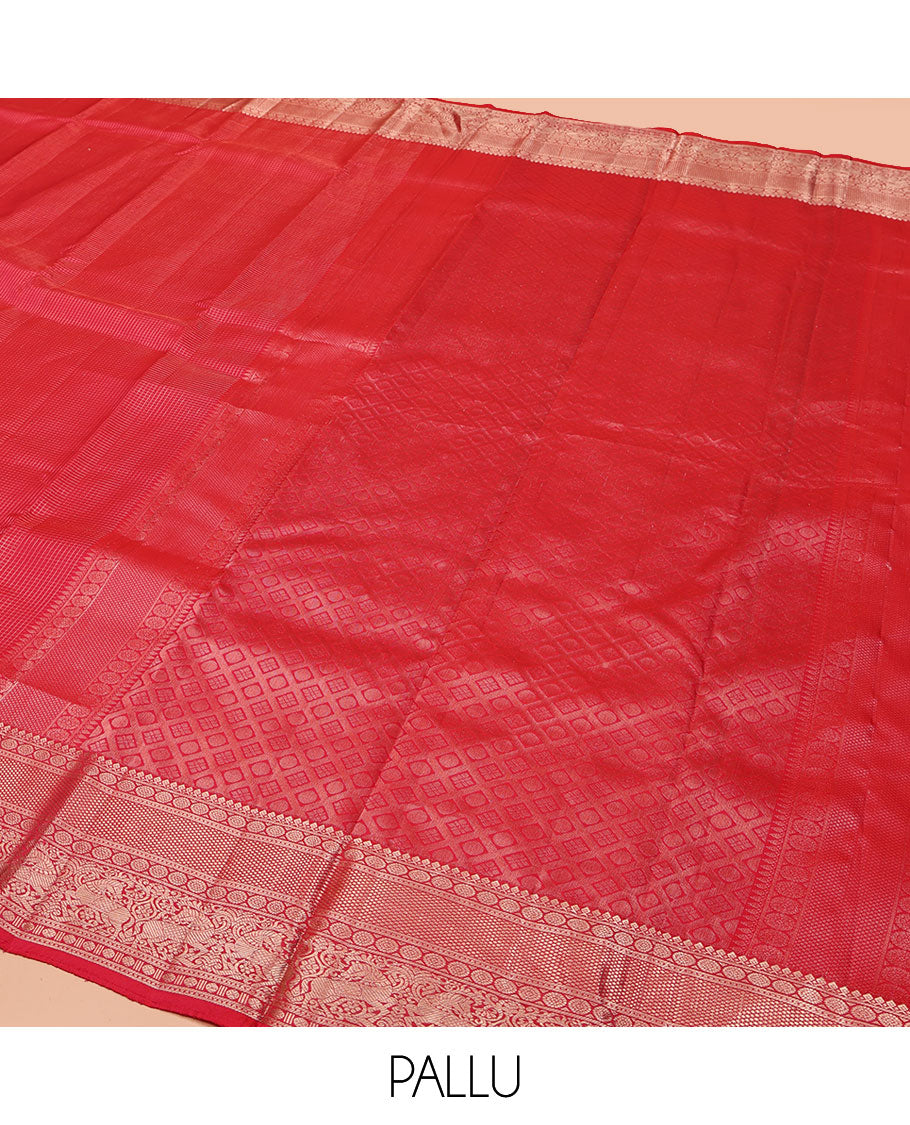Red Vasundhara Silk Saree, Subtly Sparkled with Zari Checks All Over Its Body, Highlighted by Zari Border of Thilakam Mokku, Kamalam, Mayil Kann, Rudraksham, and Kuthirai Designs, Pallu of Jaal Designs, and Paired with a Matching Blouse