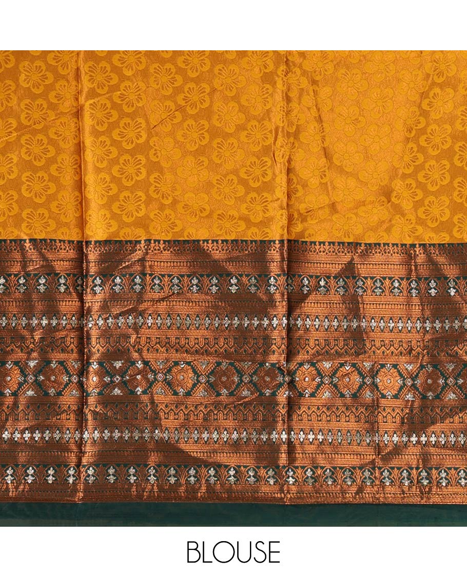 Mustard semi-banaras half-saree, embossed & contrast traditional zari border skirt,blouse of embossed & zari work & contrast green zari design dhavani