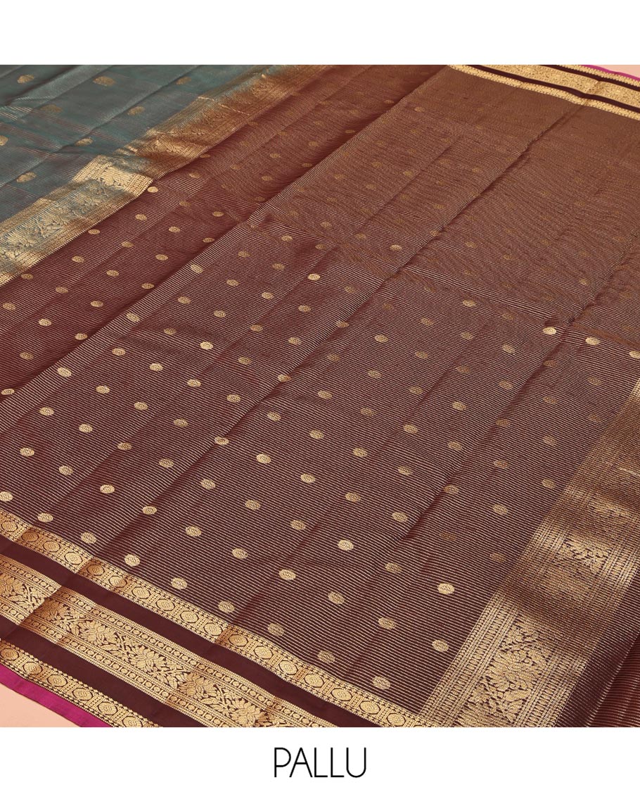 Blue Vasundhara Lite Silk Mix Saree, Richly Detailed with Yaanai, Iruthalai Pakshi and Vaira Oosai Stripes, Complemented by Captivating Contrast Border of Chakram, Muthu, Banaras, and Kodi Visiry Designs, Grand Pallu and Paired with a Contrast Blouse