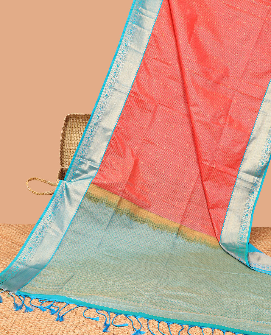 Red checked, floral design soft silk saree with contrast zari design border & checked zari design pallu