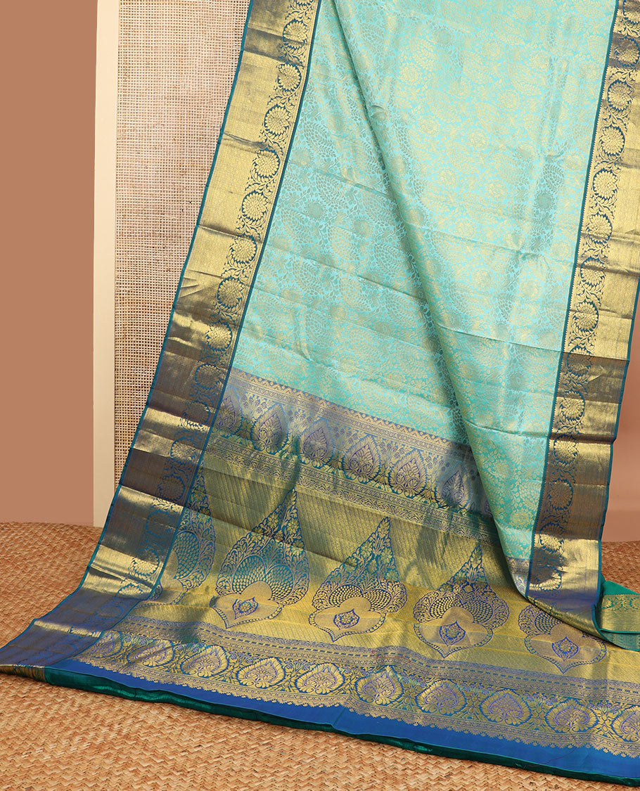 Sea blue floral jaal design kancheepuram silk saree with self border of muthu, kodi visiry design & zari design pallu