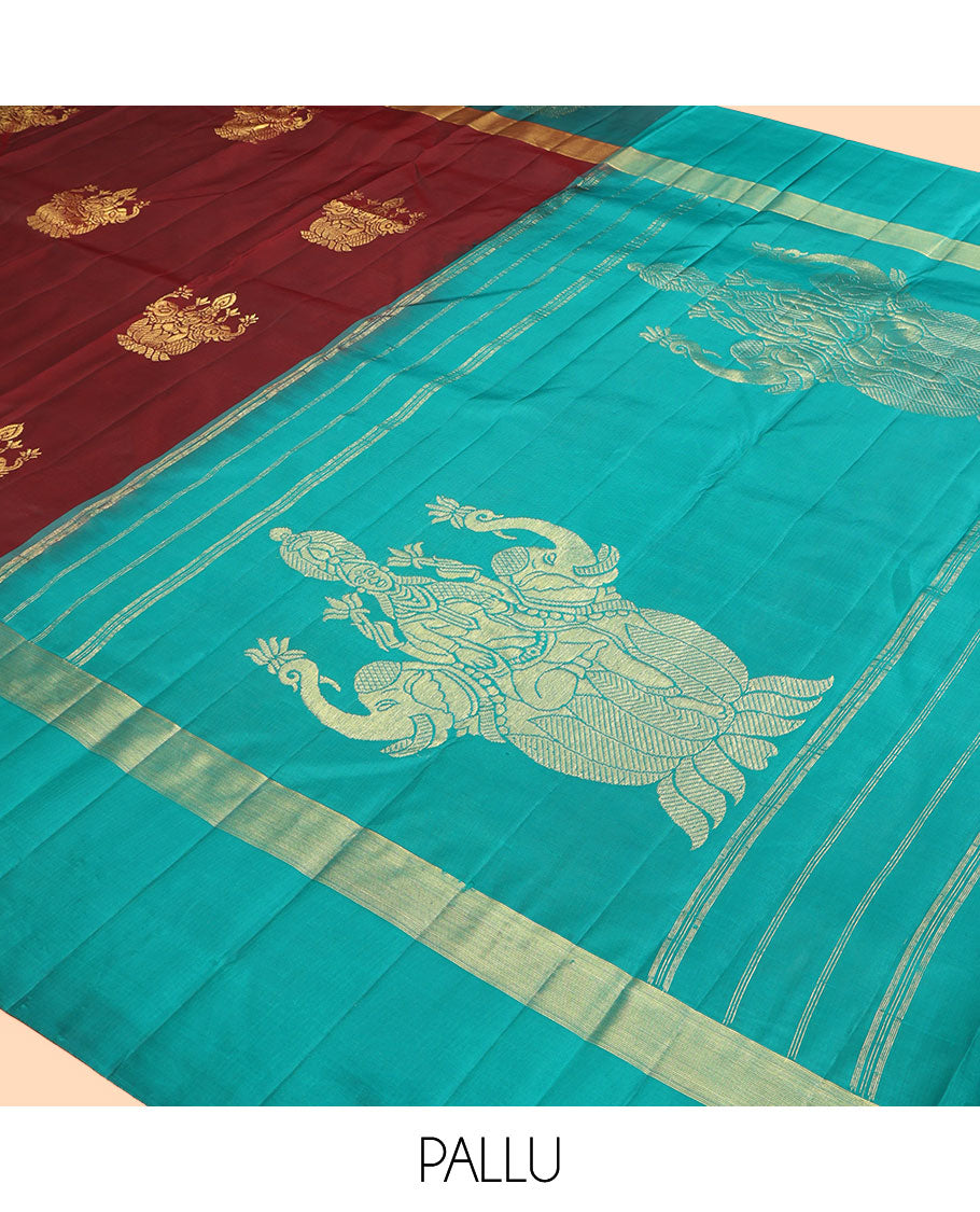 Maroon Kanchipuram Silk Saree, Woven with Goddess Lakshmi Buttas, a Contrast Goddess Lakshmi Border, Goddess Lakshmi Pallu, and a Contrast Blouse