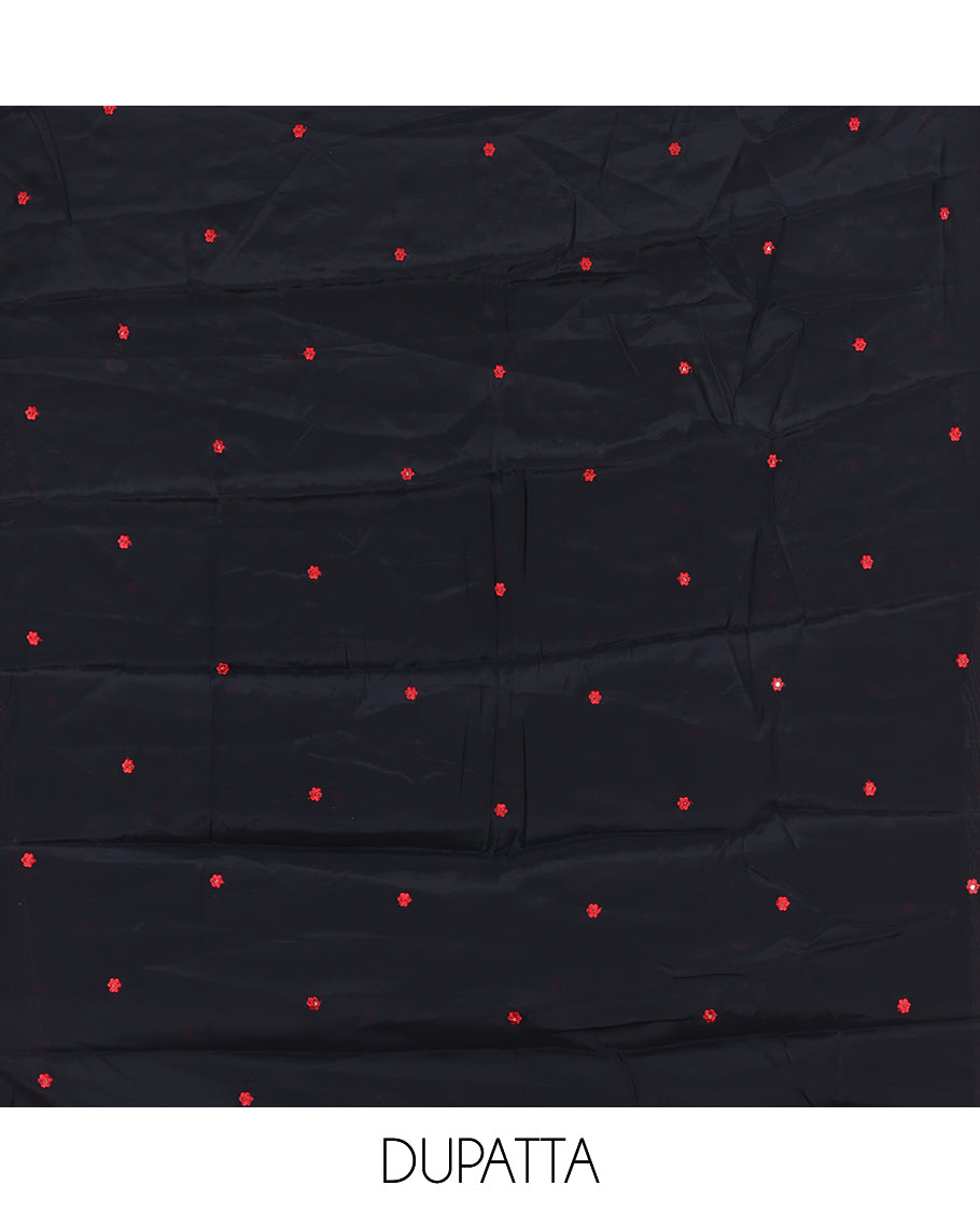 Black-Red Mul Chanderi Material Churidar Features Floral Embroidered Top, a Matching Bottom, and an Embroidered Scallop Dupatta