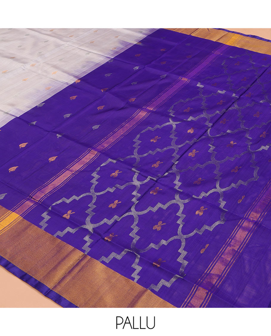 Grey Uppada Silk Saree, Sparsely Woven with Buttas All Over Its Body, Subtle Bavanji Border, Complemented by Contrast Pallu of Butta Enclosed Jaal Designs, and Paired with a Contrast Blouse