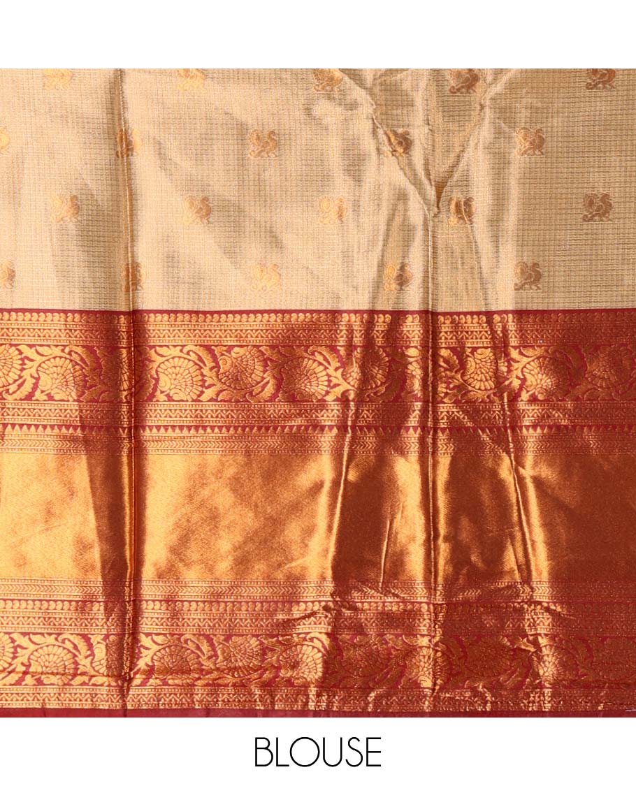 Gold banaras half saree, zari buttas with contrast maroon traditional zari border skirt, matching blouse, dhavaniof zari checks, and buttas