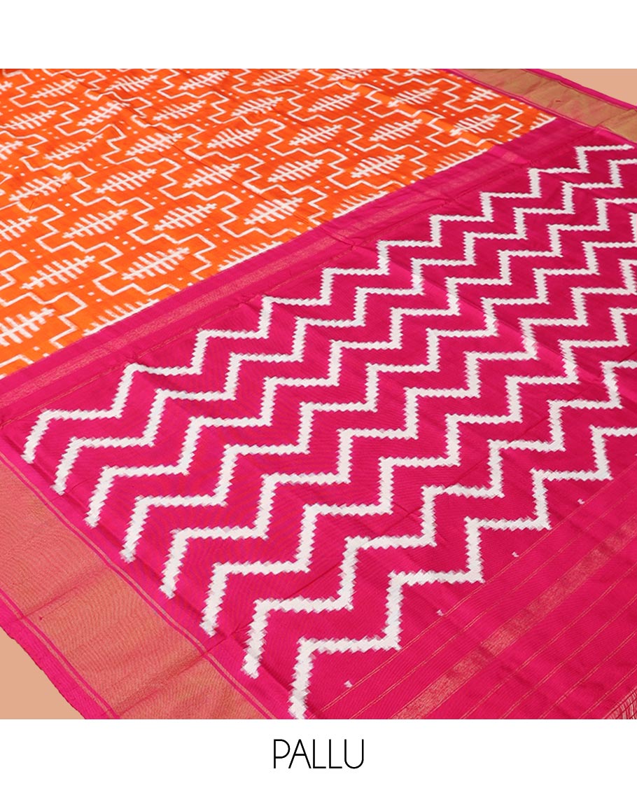 Orange Ikkat Silk Saree, Mesmerized with Ikkat-Style Geometric Patterns on Its Body, Complemented by a Contrast Border, Pallu Features Chevron Stripes, and Paired with a Contrast Blouse