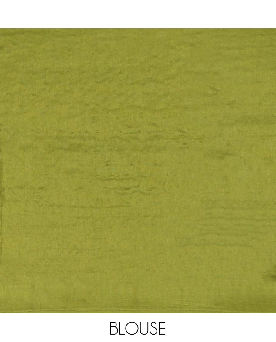Green Dola Silk Saree, Adorned with Buttas on Its Body, Highlighted by Embroidered-Zari Work Border, Pallu of Embroidery and Zari Work, and Paired with a Matching Blouse