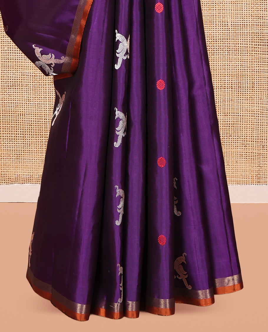 Violet Kanchipuram Silk Saree, Adorned with Kili Buttas, a Contrast Border, Grandly Woven Chakram Motifs Steeped Pallu, and a Contrast Blouse