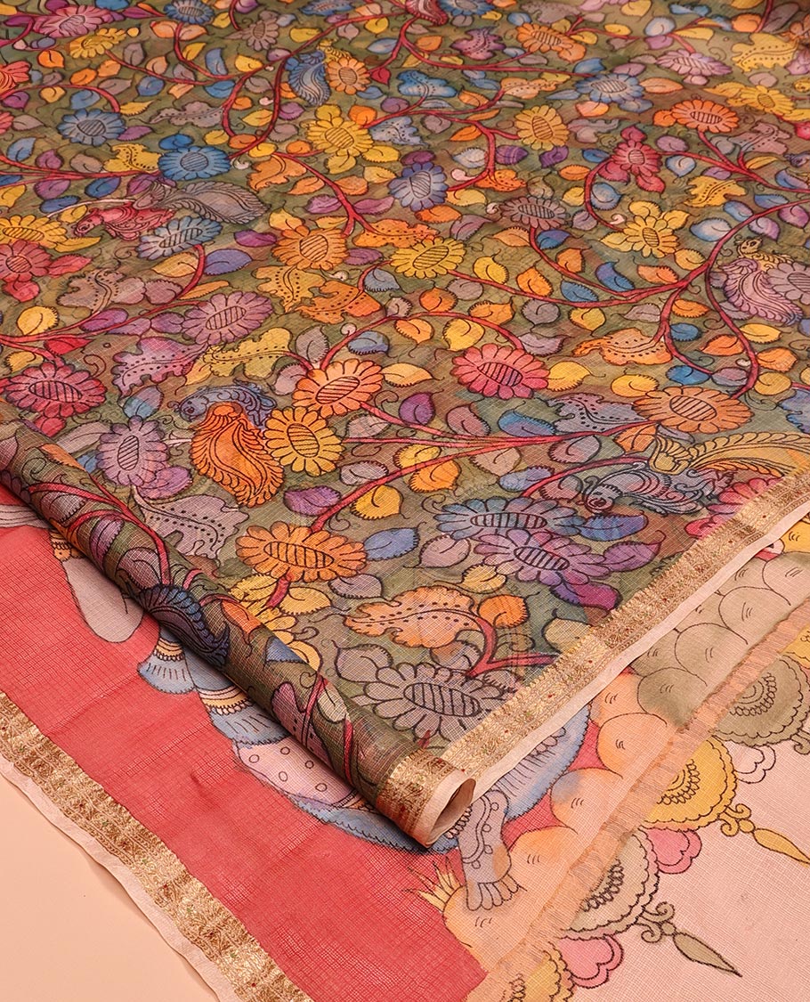 Grey Floral Vine Pen Kalamkari Silk Saree, a Contrast Zari Border, God Motif Pallu, a Contrast Blouse