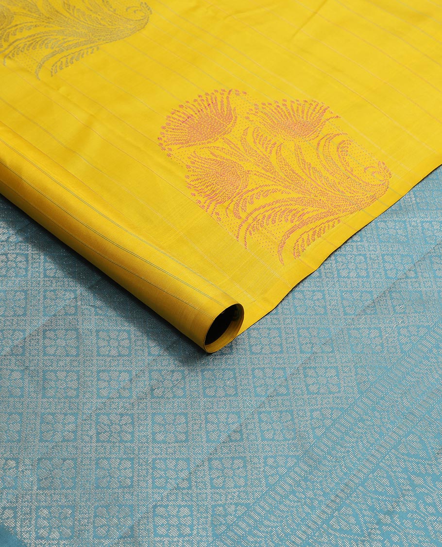 Yellow striped, floral design kancheepuram silk sareee with checked floral design pallu