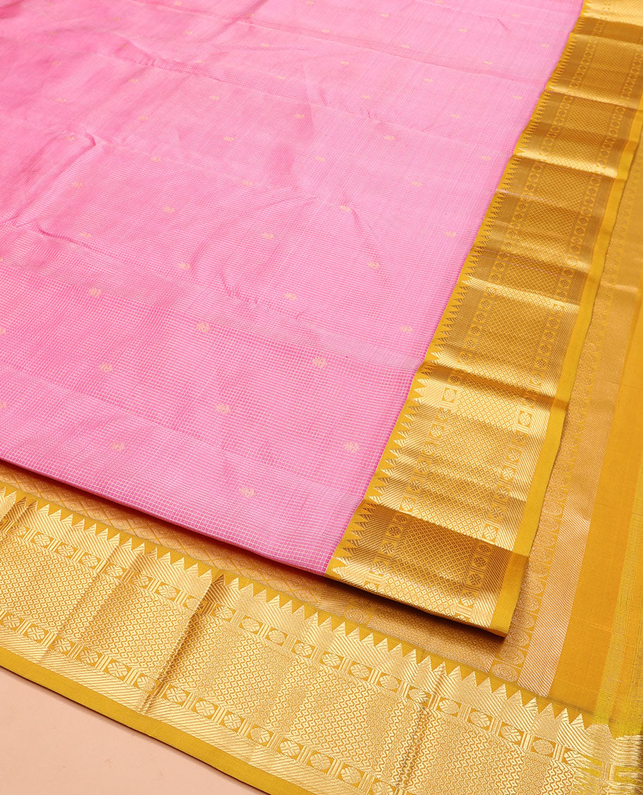 Pink Vasundhara Silk Saree, Subtly Sparkled with Zari Buttas and Checks All Over Its Body, Complemented by a Contrast Border of Rekku, Rudraksham, and Then Kuli Kann Designs, Grand Jaal Pallu, and Paired with a Contrast Blouse