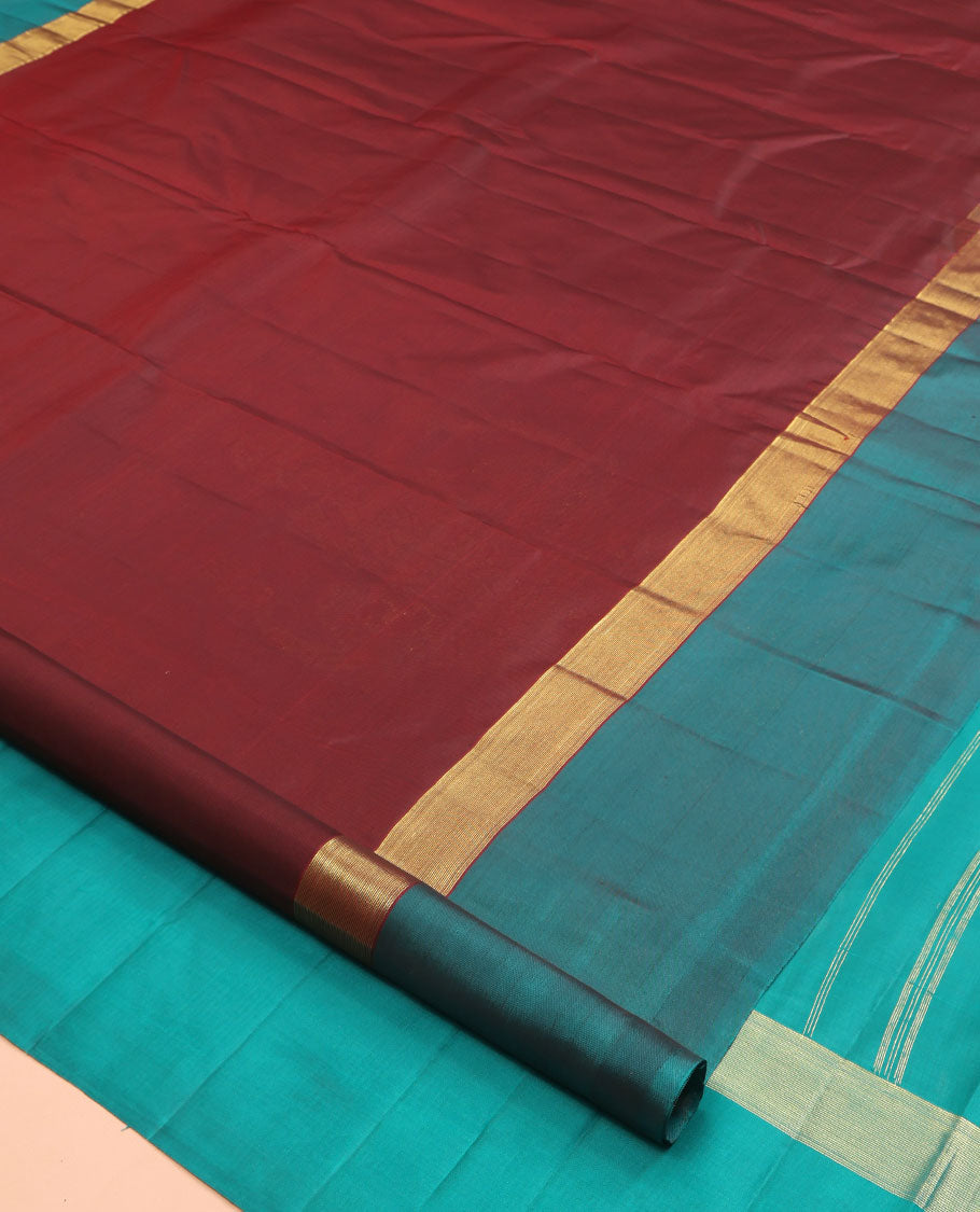 Maroon Kanchipuram Silk Saree, Woven with Goddess Lakshmi Buttas, a Contrast Goddess Lakshmi Border, Goddess Lakshmi Pallu, and a Contrast Blouse