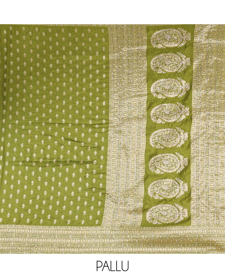 Green Dola Silk Saree, Adorned with Buttas on Its Body, Highlighted by Embroidered-Zari Work Border, Pallu of Embroidery and Zari Work, and Paired with a Matching Blouse