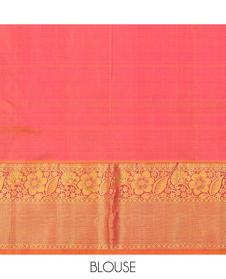 pink floral buttas pure silk half saree with contrast intricate zari design border, zari design blouse & floral zari design dhavani