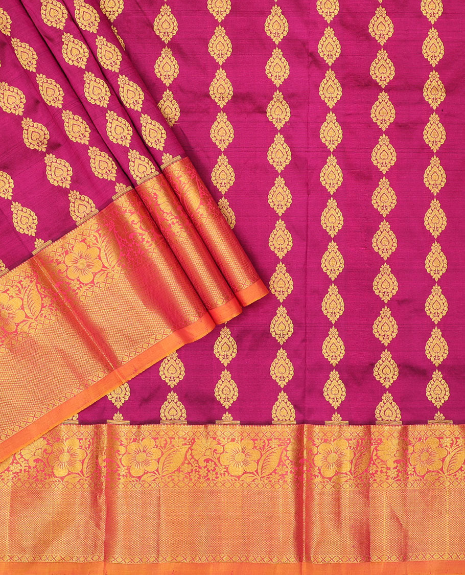 pink floral buttas pure silk half saree with contrast intricate zari design border, zari design blouse & floral zari design dhavani