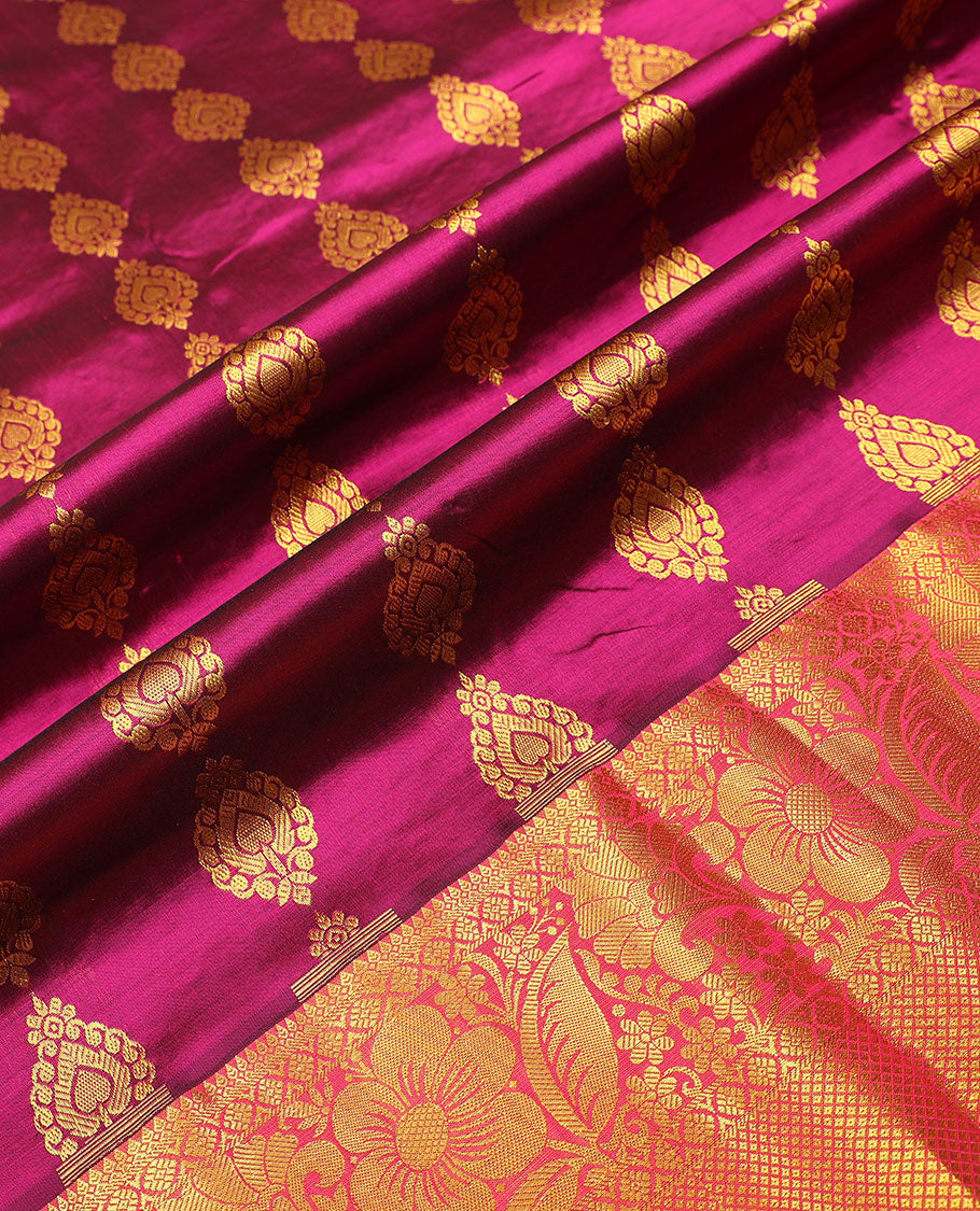 pink floral buttas pure silk half saree with contrast intricate zari design border, zari design blouse & floral zari design dhavani