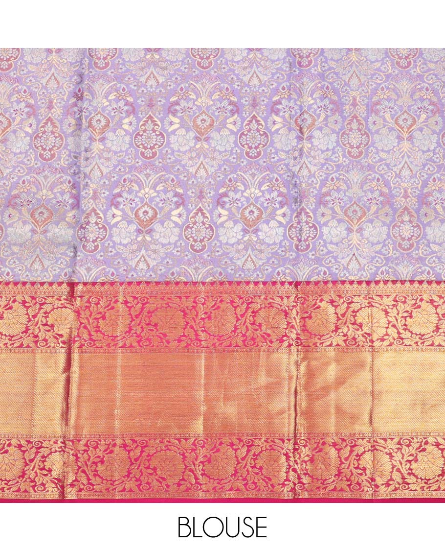 lavender floral jacquard pure silk half saree with contrast traditional design border , zari design blouse & floral jaal design dhavani