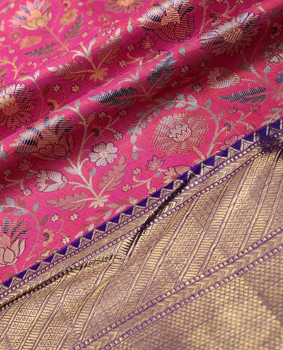 Red floral jacquard pure silk half saree with contrast striped design border , zari design blouse & checked, floral design dhavani