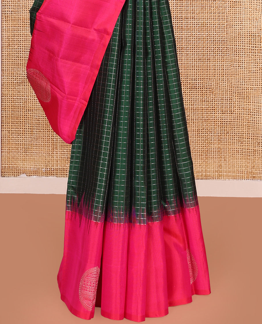 Green checked Kanchipuram silk saree, contrast border of geometric motifs, and jaal pallu