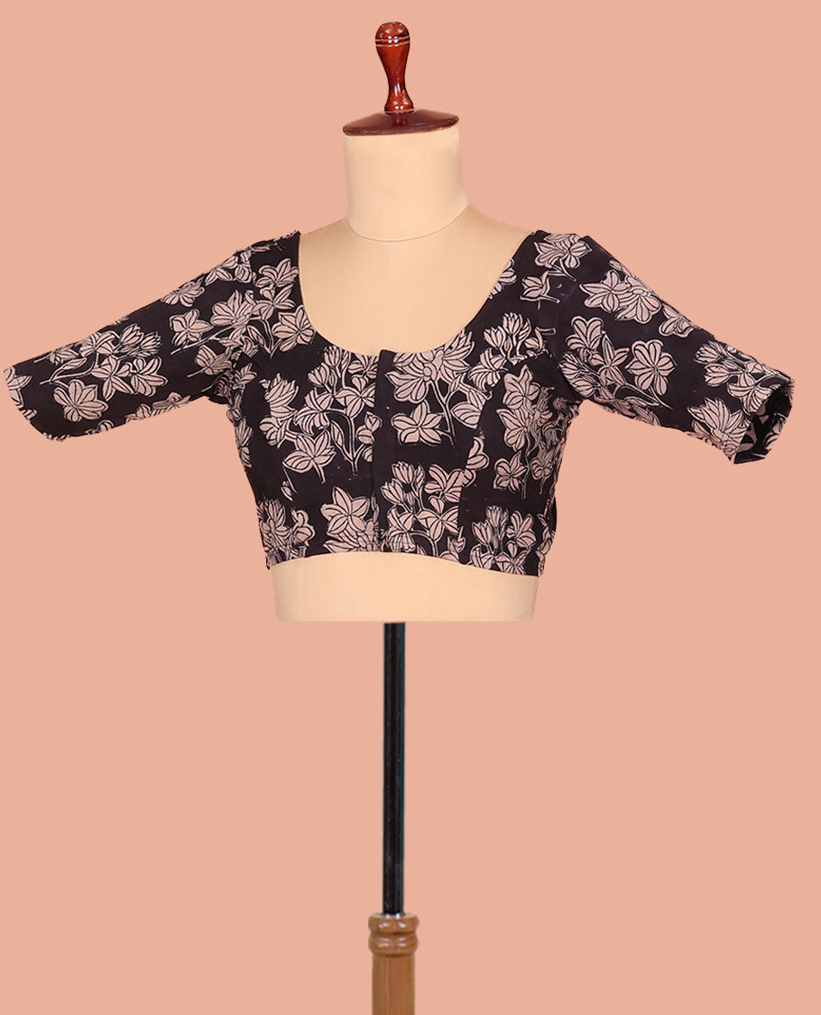 Black Cotton Readymade Blouse Adorned with All-Over Floral Print, Featuring a Front Round-Neck, a Back Round Neck, and Elbow Sleeves
