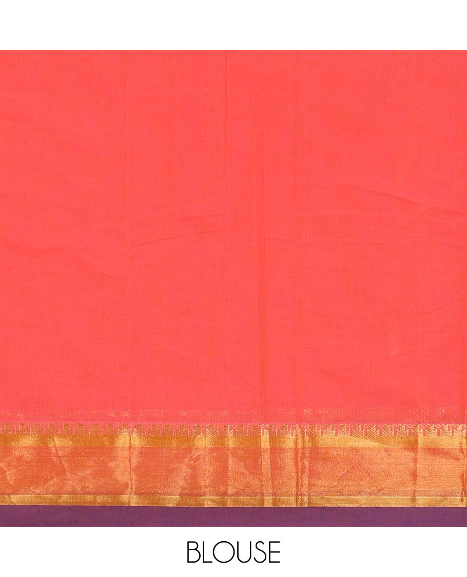 Orange thread buttas Kanchi cotton saree, contrast zari border, and pallu of floral, and paisley designs