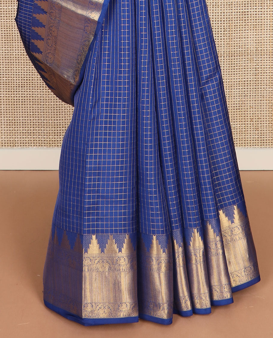 Blue checked vasundhara silk mix saree, jaal pallu & zari border of thazampoo rekku,mayil,annam,yaanai,kathir,neli & kuyil kann