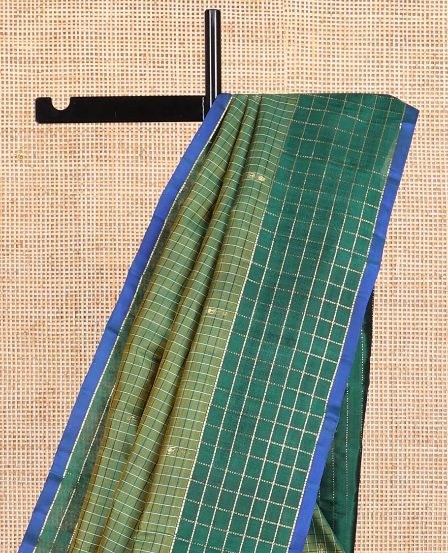 Green checked, buttas kancheepuram silk saree with contrast checked border & striped, floral design pallu