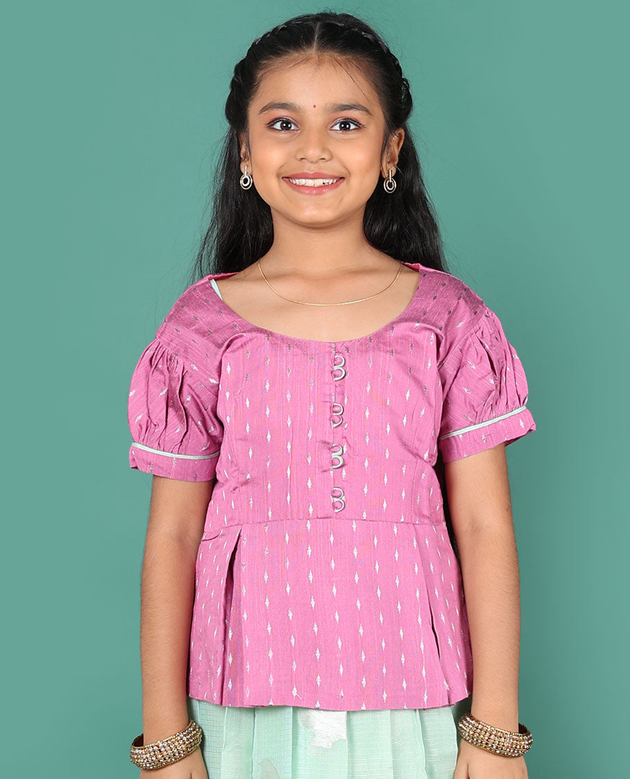 Blue readymade art silk pavadai, sparrow buttas & contrast traditional border skirt, & contrast buttas round neck puff-sleeve blouse