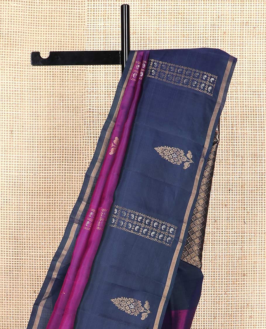 Purple zari buttas silk mix saree, contrast zari design border & pallu of manga butta enclosed checks & jaal designs