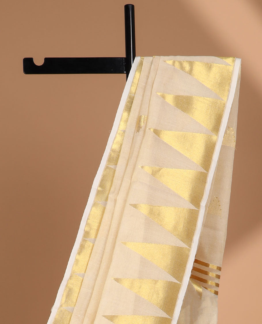 Cream triangle motifs kasavu saree with self temple border & gold zari striped pallu