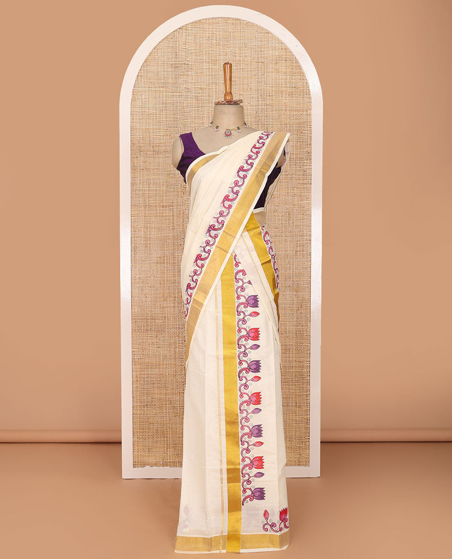 Cream colorful Pichwai Lotus printed Kerala mundu set, zari border