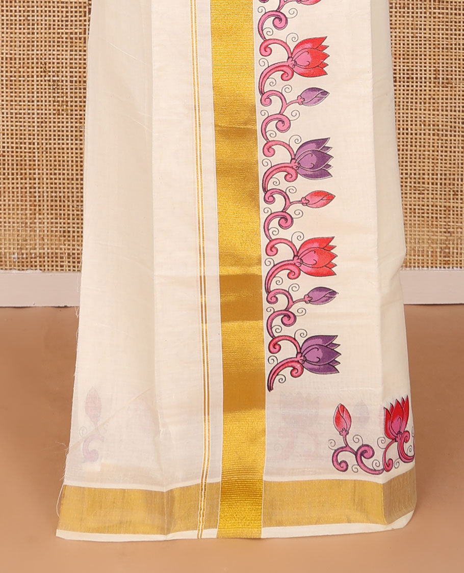 Cream colorful Pichwai Lotus printed Kerala mundu set, zari border