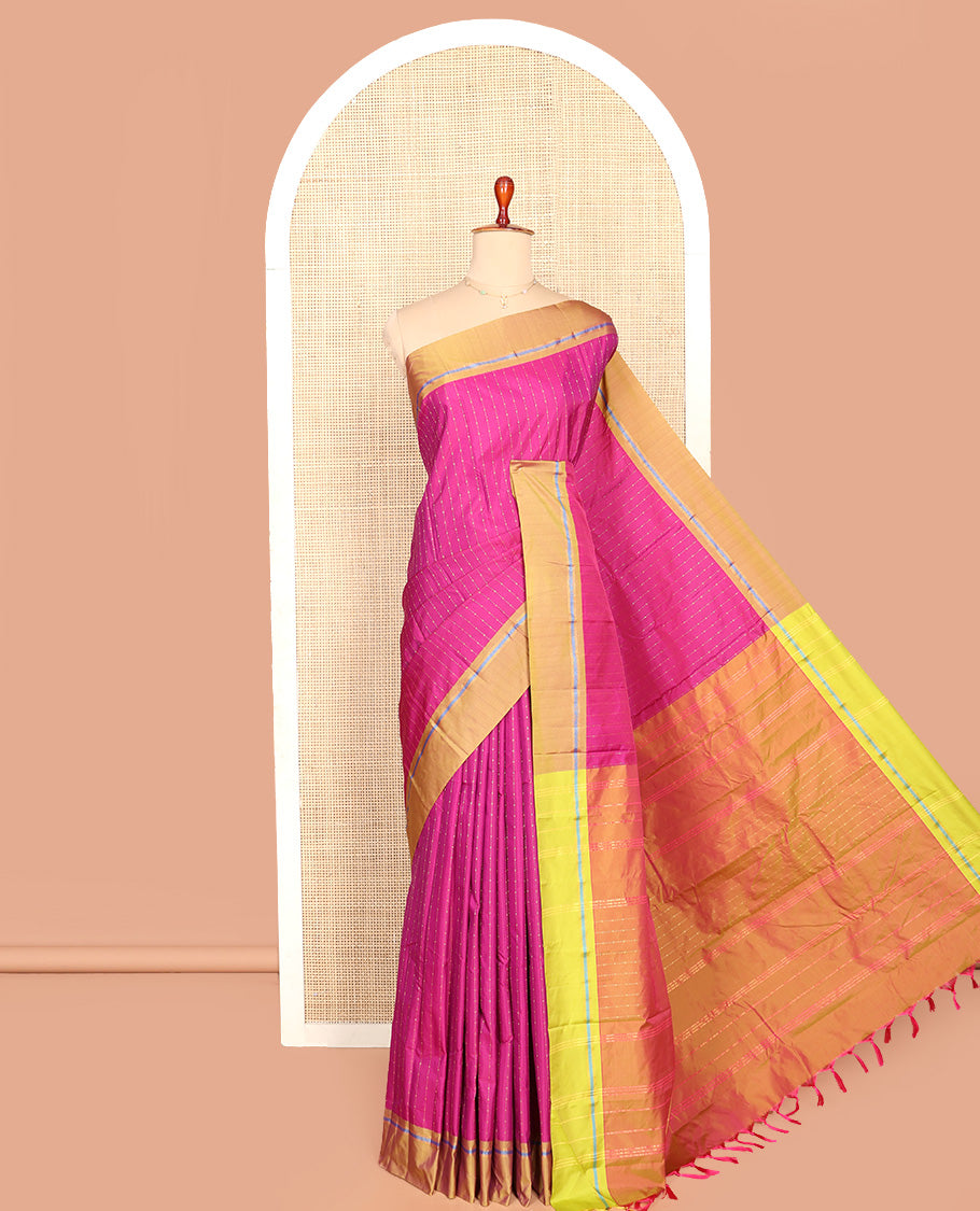 Pink Aarani Silk Saree, Elevated with Zari Stripes All Over Its Body, Complemented by a Contrast Border, Pallu of Stripes, and Paired with a Contrast Blouse