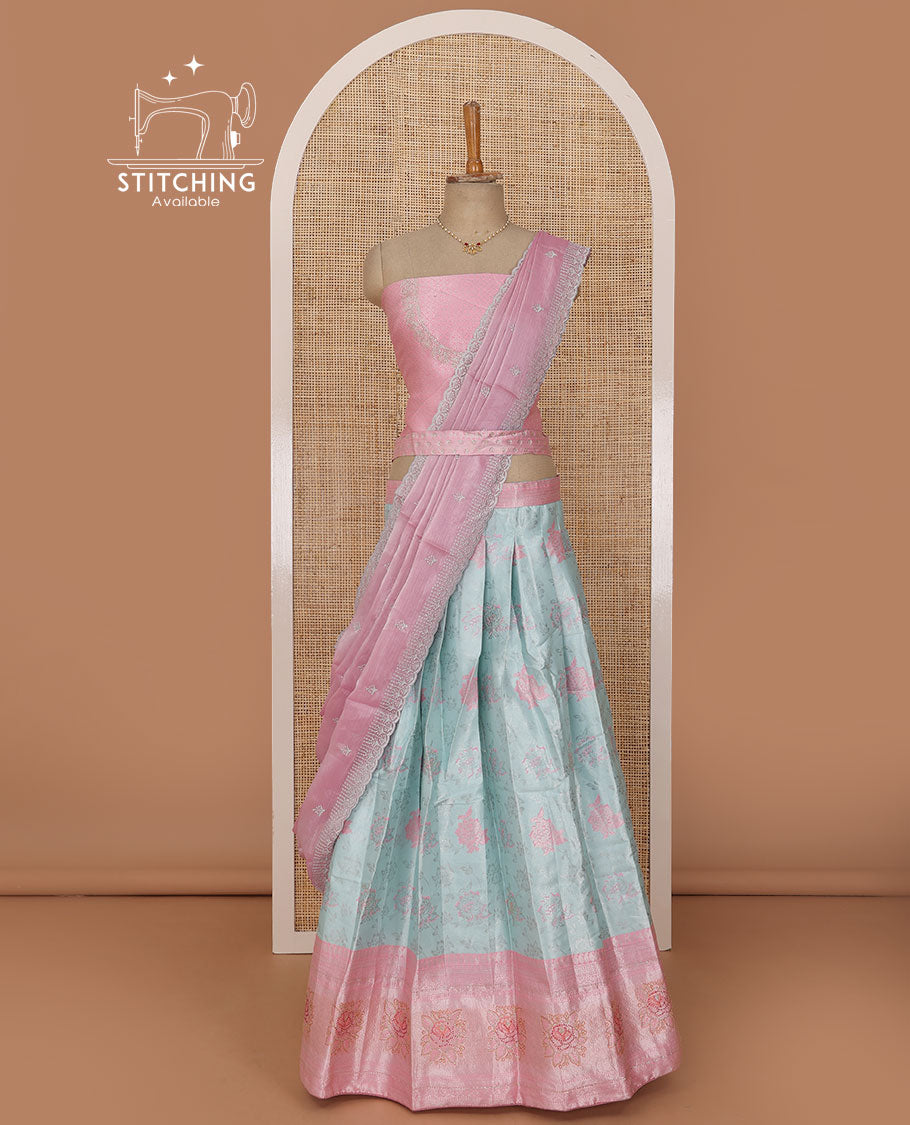 Powder blue lehenga set, meenakari-style floral jacquard & contrast zari border skirt, jacquard embroidered blouse & embroidered scallop border dhavani with belt