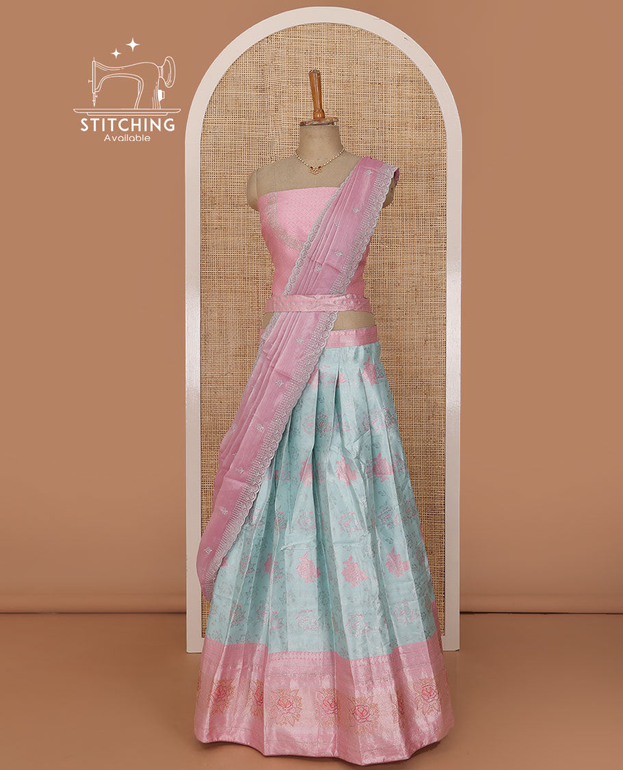 Powder blue lehenga set, meenakari-style floral jacquard & contrast zari border skirt, jacquard embroidered blouse & embroidered scallop border dhavani with belt