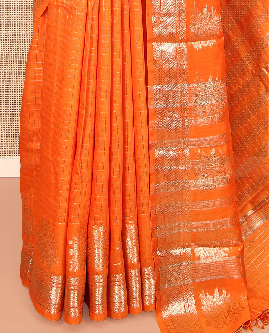 Orange Zari Checked Assam Silk Saree, Highlighted by a Traditional Zari Border, Gleaming Zari-Striped Pallu, and a Matching Blouse