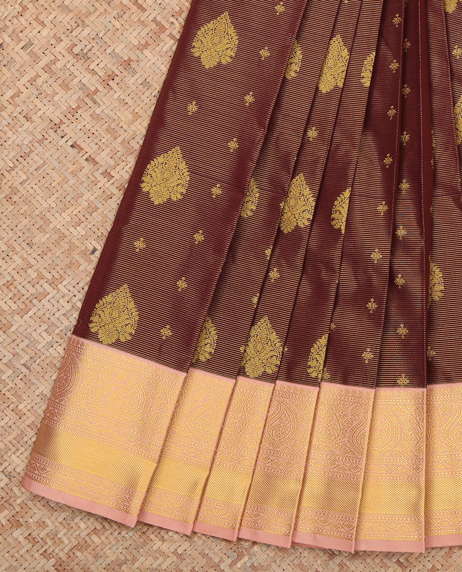 Maroon Budget Silk Saree, Detailed with Zari Buttas and Stripes, a Contrast Traditional Zari Border, Grand Pallu, and a Contrast Blouse