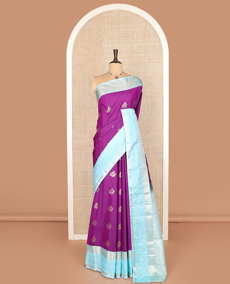 Purple zari buttas budget silk saree, contrast traditional zari design woven border, and jaal pallu