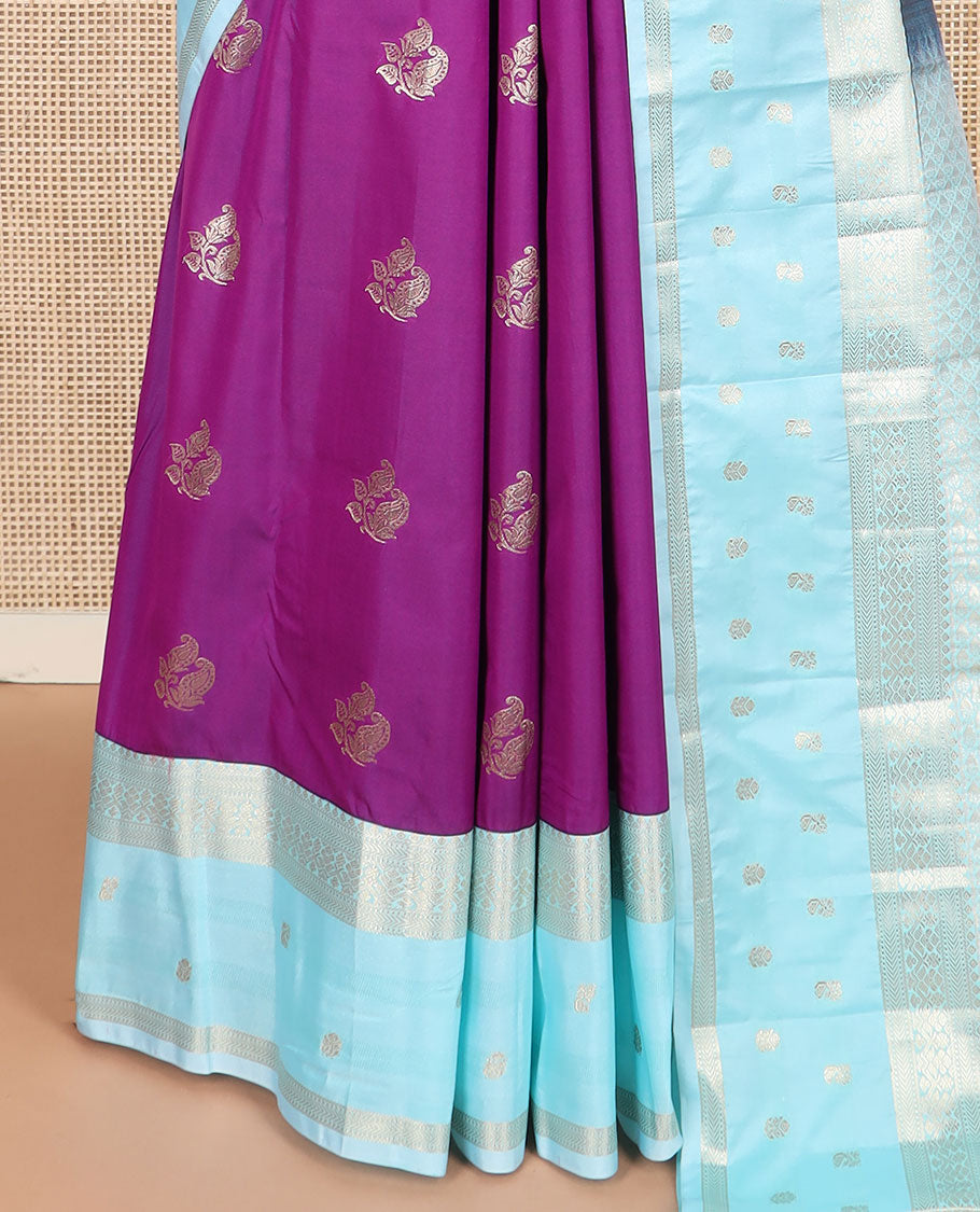 Purple zari buttas budget silk saree, contrast traditional zari design woven border, and jaal pallu