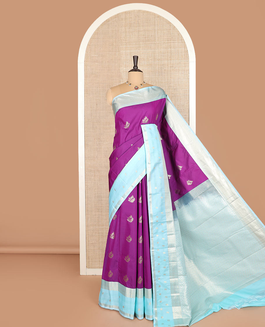 Purple zari buttas budget silk saree, contrast traditional zari design woven border, and jaal pallu