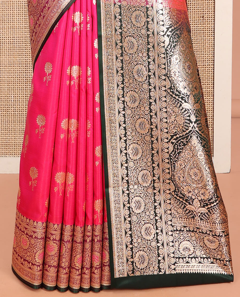 Pink Banarasi Nylon Saree, Accentuated with Floral Buttas, Complemented by a Contrast Traditional Zari Border, Intricate Pallu, and a Contrast Blouse