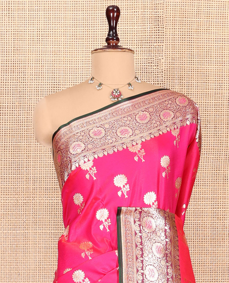 Pink Banarasi Nylon Saree, Accentuated with Floral Buttas, Complemented by a Contrast Traditional Zari Border, Intricate Pallu, and a Contrast Blouse