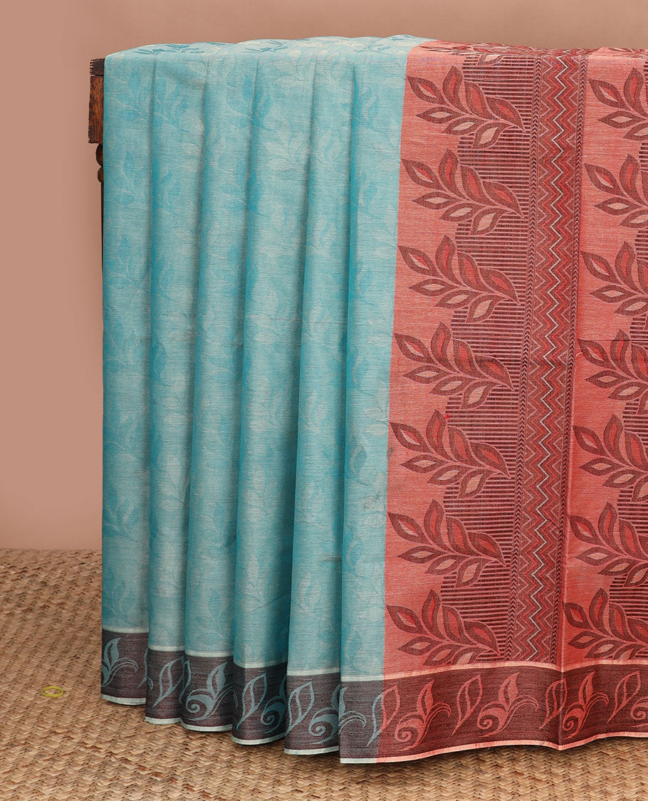 Blue leaf design Coimbatore cotton saree, leaf motifs border & contrast leaf motifs pallu