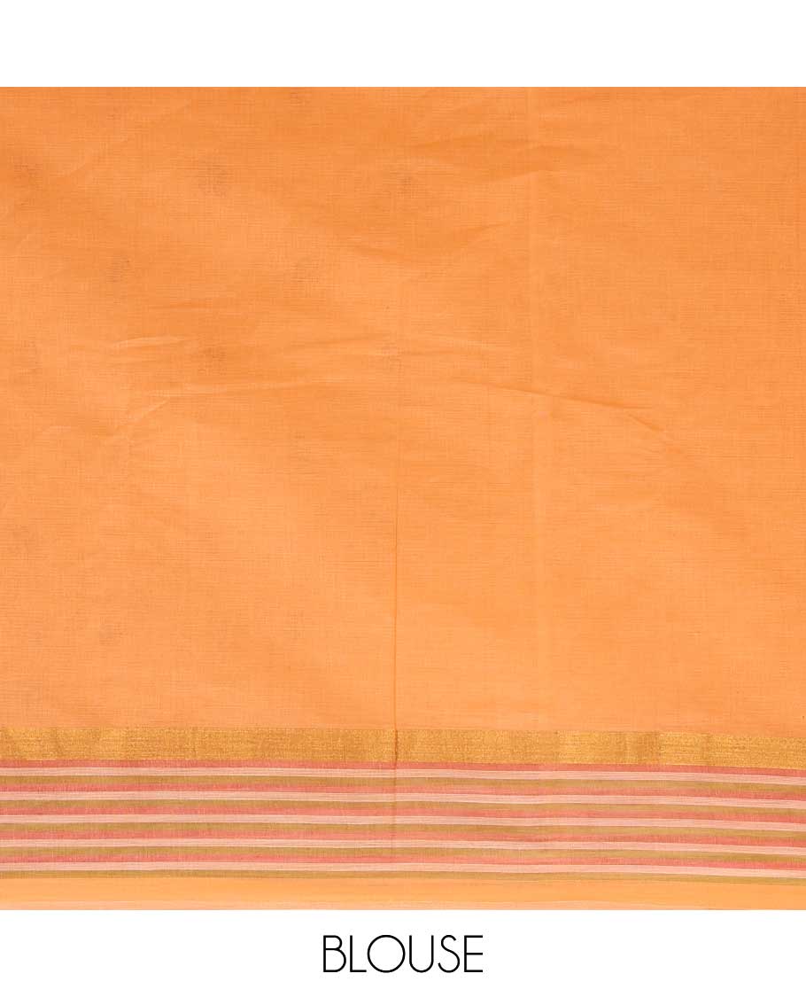 Orange meena floral buttas & peacock printed chirala cotton saree, striped border & pallu of floral & bird design