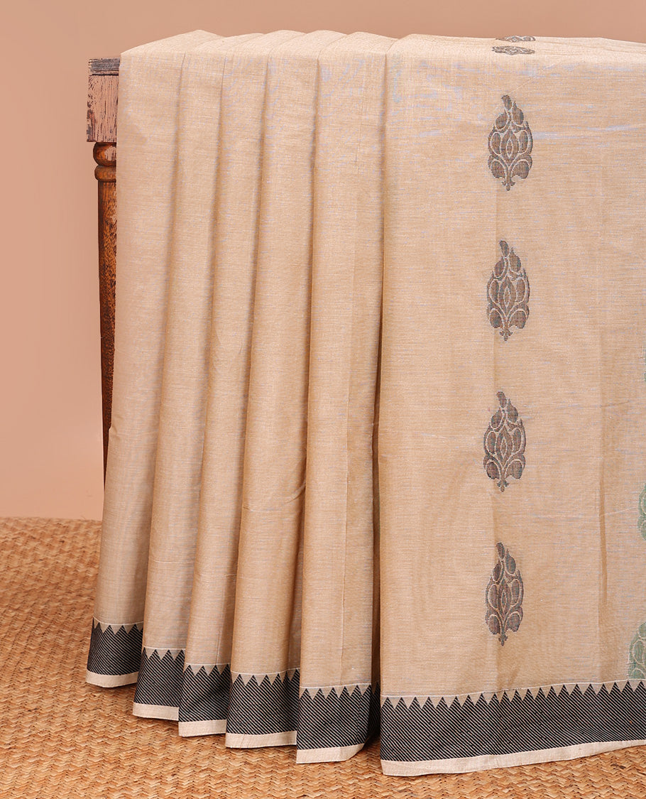 Sandal buttas kanchi cotton saree, contrast border, and pallu of paisley designs