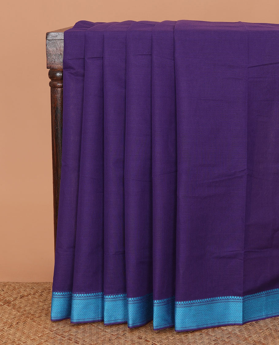 Violet sparesly striped Mangalagiri Cotton saree, traditional motifs border, plain pallu, and contrast kalamkari floral printed blouse