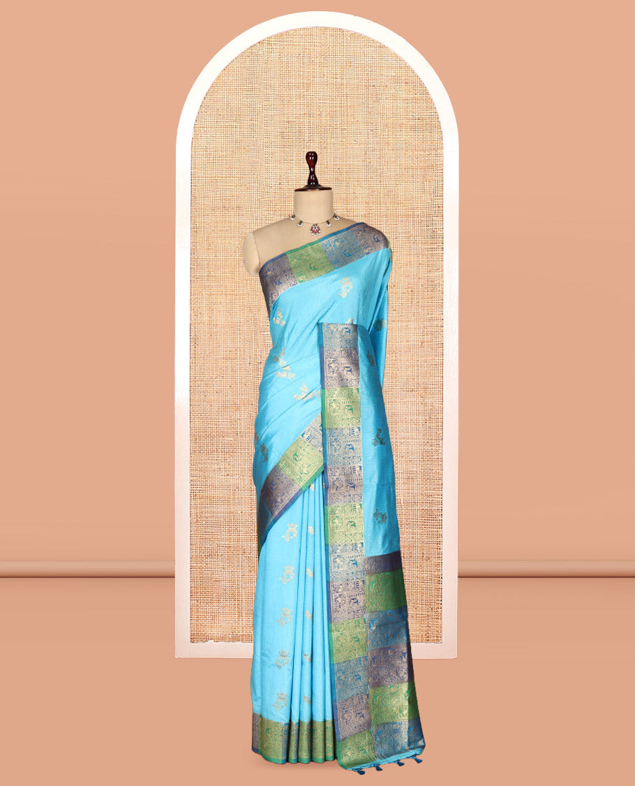 Sky Blue Zari Motifs Fancy Raw Silksaree, Contrast Intricate Zari Border, Matching Blouse